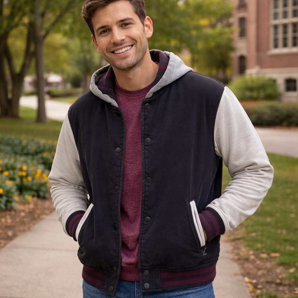 Vintage American Eagle Outfitters Hooded Varsity Jacket Mens Large Black READ!